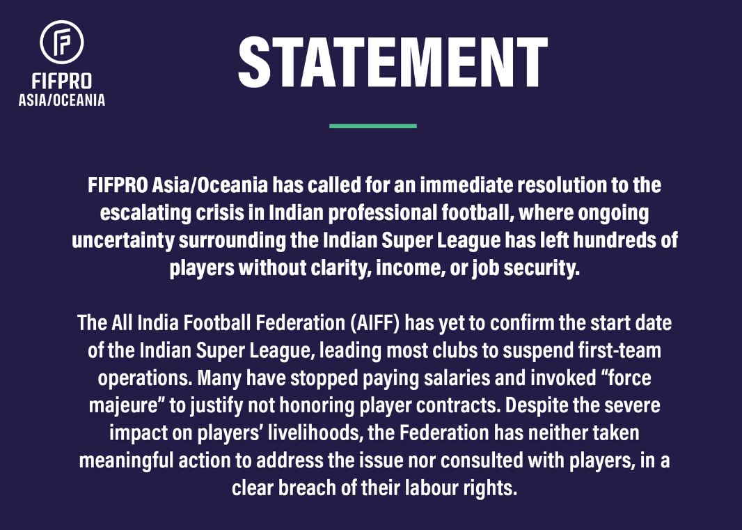 FIFPRO emite un comunicado instando a la FIFA a intervenir para resolver la crisis del fútbol indio